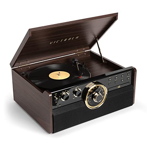 Victrola Mid Century 6-in-1 Bluetooth Record Player & Multimedia Center with Built-in Speakers - 3-Speed Turntable, CD & Cassette Player, AM/FM Radio | Wireless Music Streaming | Grey Sigbeez