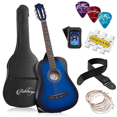 Ashthorpe 38-inch Beginner Acoustic Guitar Package (Blue), Basic Starter Kit w/Gig Bag, Strings, Strap, Tuner, Pitch Pipe, Picks Sigbeez